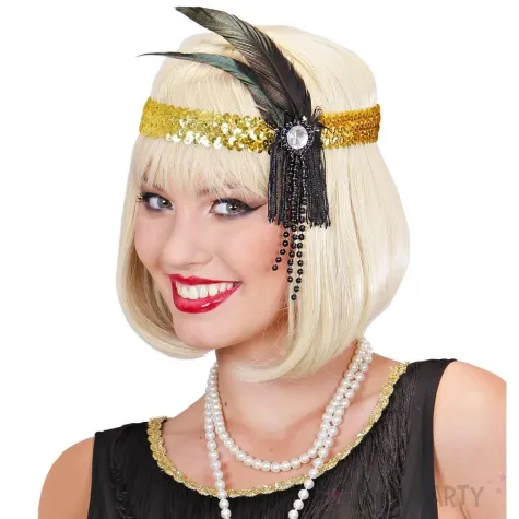 opaska elastyczna retro lata 20 z piorem i perlami zloto czarny widmann