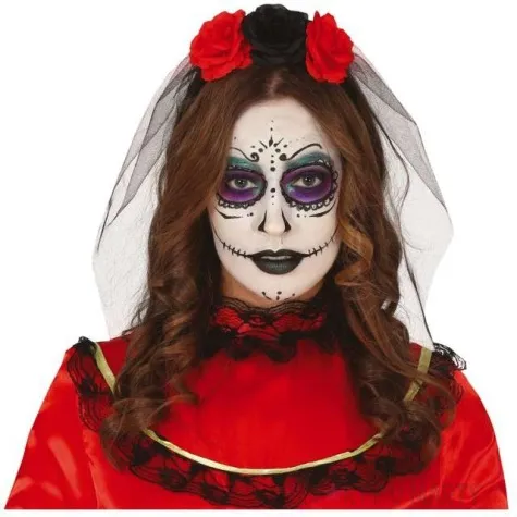 opaska party czerwone kwiaty z woalka guirca