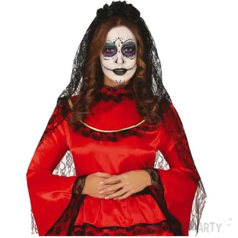 opaska party dlugi welon koronkowy czarne kwiaty guirca