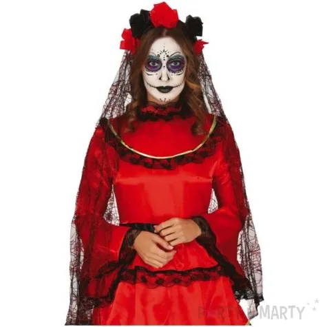 opaska party dlugi welon koronkowy czarno czerwone kwiaty guirca