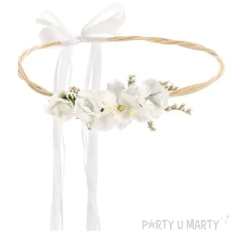 opaska party wianek z kwiatami bialy partydeco 18 cm