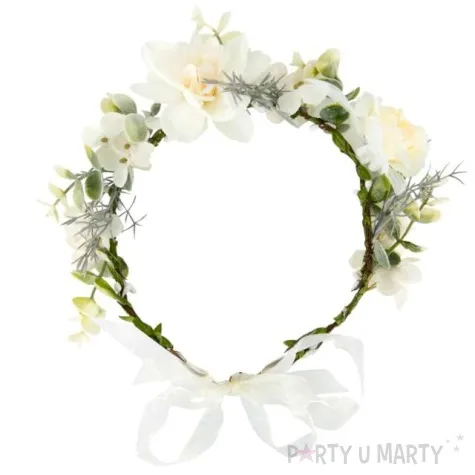 opaska party wianek z kwiatami i listkami bialy partypal 45 cm