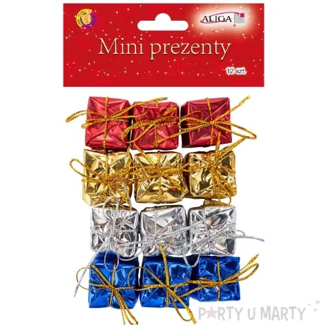 ozdoba choinkowa prezenciki mini czerwony zloty srebrny niebieski aliga 12 szt