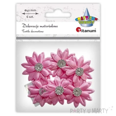 ozdoba materialowa kwiaty z krysztalkiem rozowy titanum 42 mm 6 szt