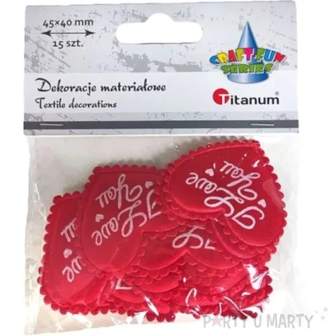 ozdoba materialowa serca i love you czerwona titanum 15 szt