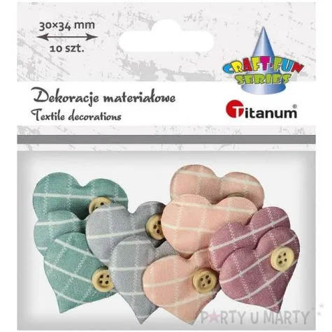 ozdoba materialowa serduszko z guzikiem pastel mix titanum 10 szt