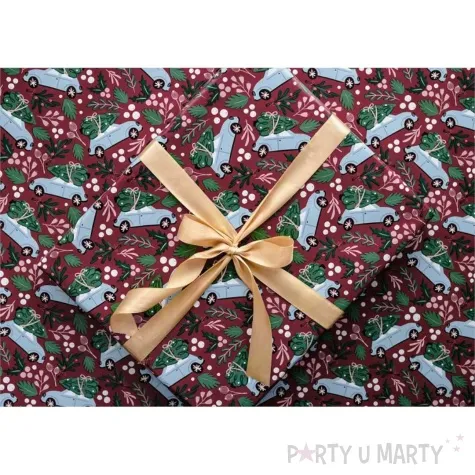 papier do pakowania samochod z choinka bordowy partydeco 70x200 cm