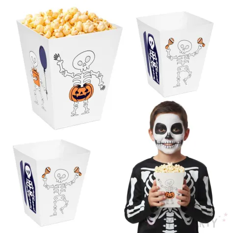 papierowe pudelka na popcorn na halloween wesole kosciotrupy 4 szt