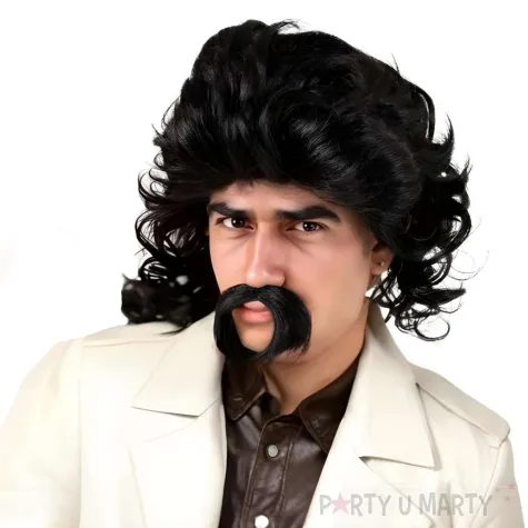peruka meska na karnawal czarne dlugie krecone wlosy z wasami retro lata 70 80 90