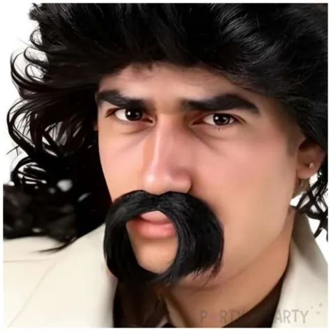 peruka meska na karnawal czarne dlugie krecone wlosy z wasami retro lata 70 80 90