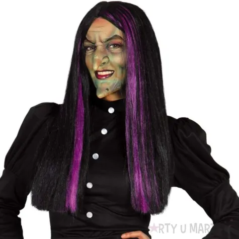 peruka party czarownica z pasemkami fioletowy czarny guirca