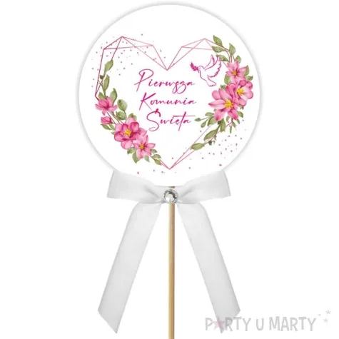pik ozdobny lux komunia rozowe serce kokardka z cyrkonia 28cm