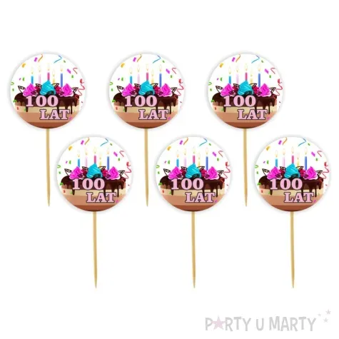 pikery 100 lat tort rozowy napis 6 szt