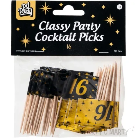 pikery 16 urodziny classy party czarno zlote 50 szt pd party