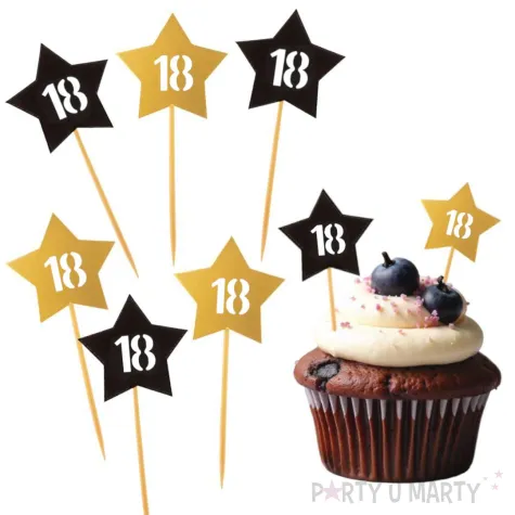 pikery 18 urodziny gwiazdki zloto czarne 6 szt