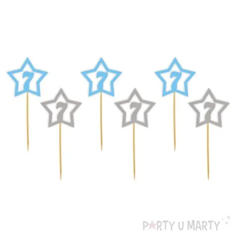 pikery 7 urodziny blekitno srebrne 6 szt