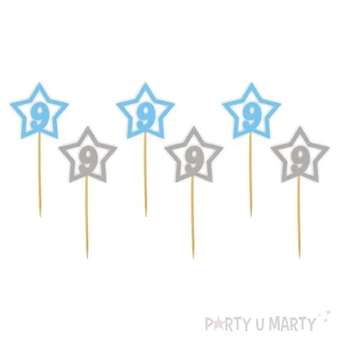 pikery 9 urodziny blekitno srebrne 6 szt