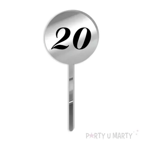 pikery akrylowe cyfra 20 urodziny srebrne lustro 6 szt