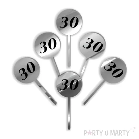 pikery akrylowe cyfra 30 urodziny srebrne lustro 6 szt