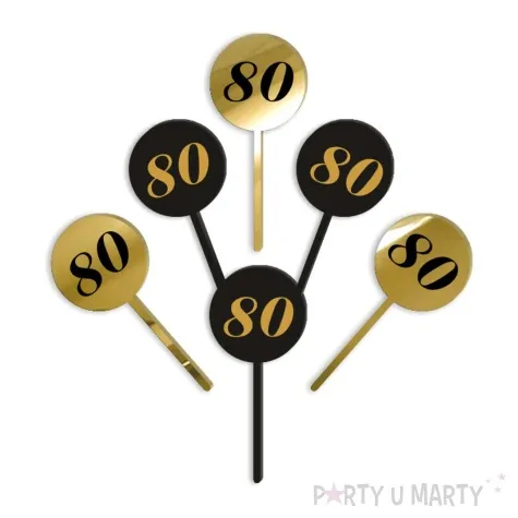 pikery akrylowe cyfra 80 urodziny zloto czarne 6 szt