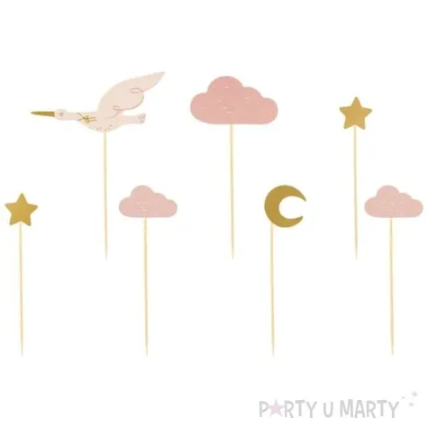pikery bocian i chmurki rozowo zloty partydeco 7 szt