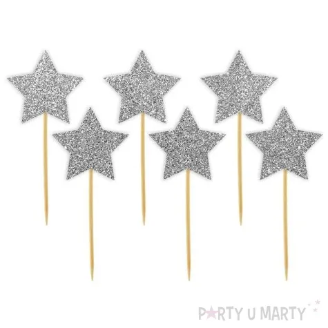 pikery gwiazdki srebrne brokatowe 6 szt