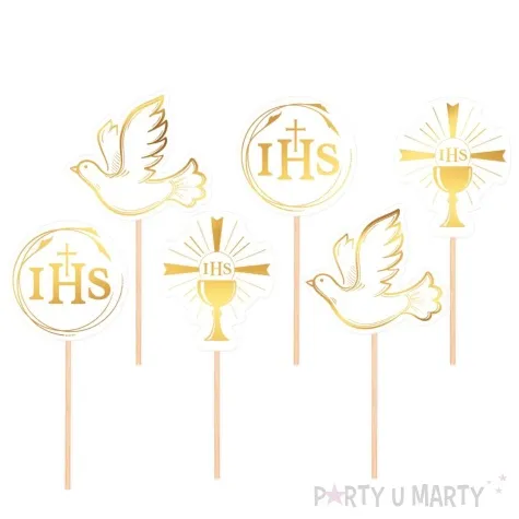 pikery komunia swieta ihs golabek i kielich bialo zloty partypal 6 szt