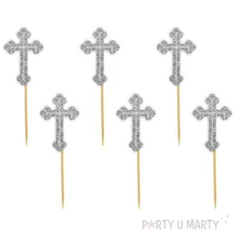 pikery krzyz srebrne brokatowe 9 cm 6 szt