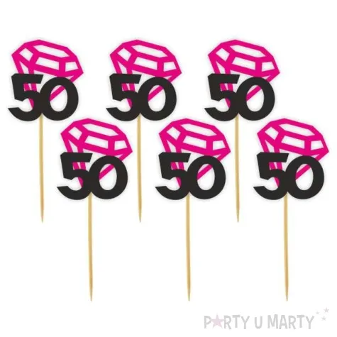 pikery liczba 50 z diamentem fuksja 6 szt