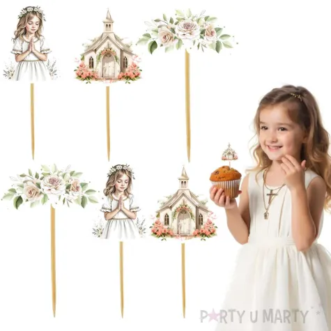 pikery na babeczki ozodba na muffinki dziewczynka i kosciol dekoracja na komunie swieta 6 szt