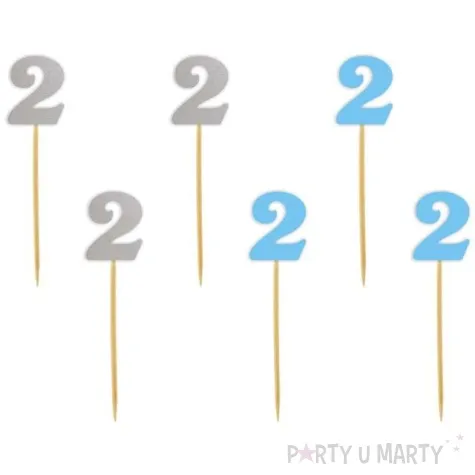 pikery urodziny 2 blekitno srebrne 6 szt