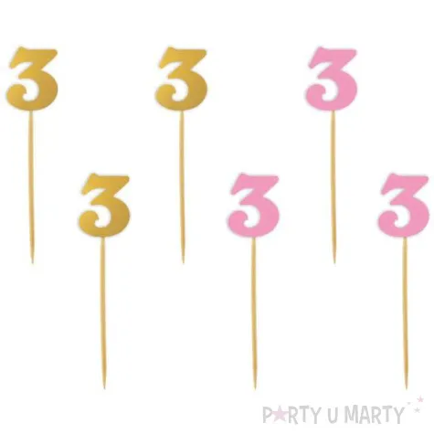 pikery urodziny 3 rozowo zlote 6 szt