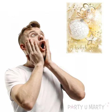 pocztowka wesolych swiat bombka na zlotym tle maki a6