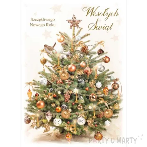 pocztowka wesolych swiat choinka i zlote ozdoby maki a6