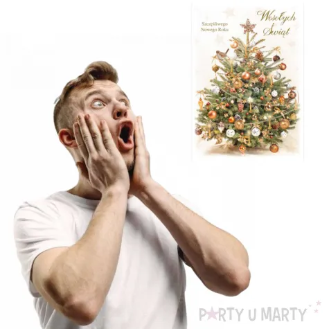pocztowka wesolych swiat choinka i zlote ozdoby maki a6