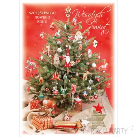 pocztowka wesolych swiat choinka na czerwonym tle maki a6