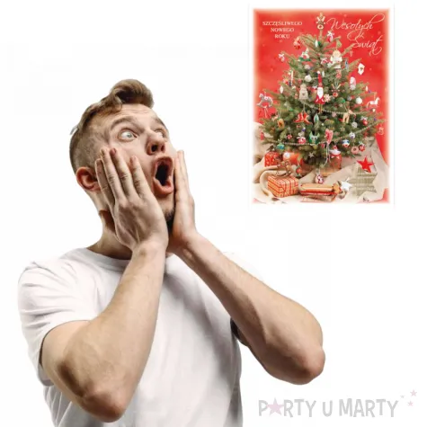 pocztowka wesolych swiat choinka na czerwonym tle maki a6