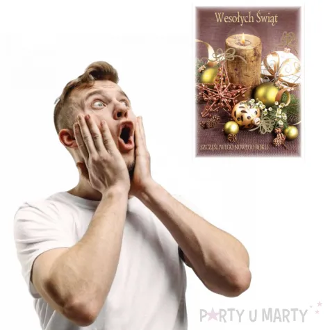 pocztowka wesolych swiat swieca i zlote bombki maki a6