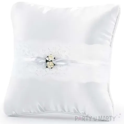 poduszka pod obraczki biala rozyczka z koronka biala partydeco 16x16 cm