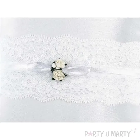 poduszka pod obraczki biala rozyczka z koronka biala partydeco 16x16 cm