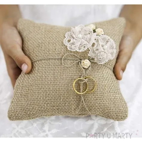 poduszka pod obraczki jasnorozowe rozyczki juta partydeco 16x16 cm