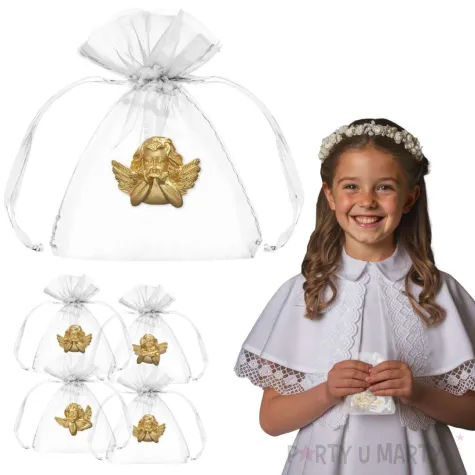 podziekowania na komunie woreczki aniolek zloty 7 5 x 10 cm 5 szt