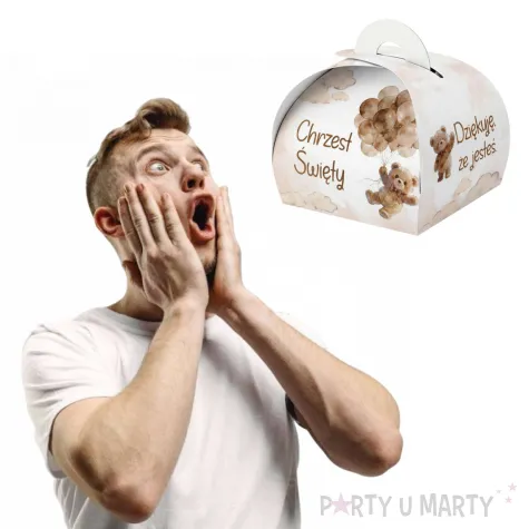 podziekowanie dla gosci na chrzest swiety pudeleczka na slodycze bezowy mis