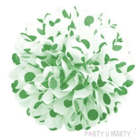 pompon bibulowy bialy w zielone kropki 24 cm