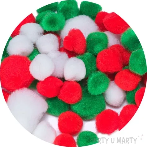 pompony pluszowe akrylowe bialy czerwony zielony brewis 10 15 20 25 mm 78 szt