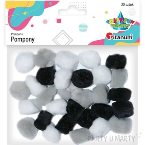 pompony pluszowe akrylowe szaro czarne titanum 25 mm 30 szt