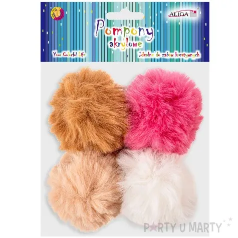 pompony pluszowe akrylowe z zawieszka rozowy brazowy aliga 70 mm 4 szt