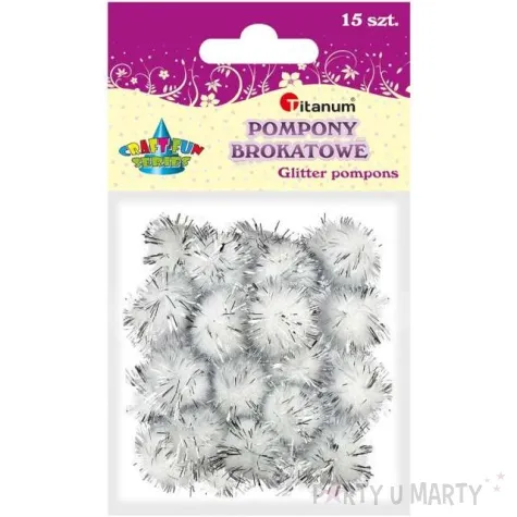 pompony pluszowe metalizowane sniegowe biale titanum 18 mm 15 szt