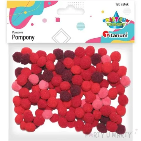 pompony pluszowe poliestrowe malinowe czerwone mix titanum 10 mm 120 szt