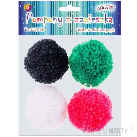 pompony pluszowe z zawieszka zielony czerwony aliga 60 mm 4 szt